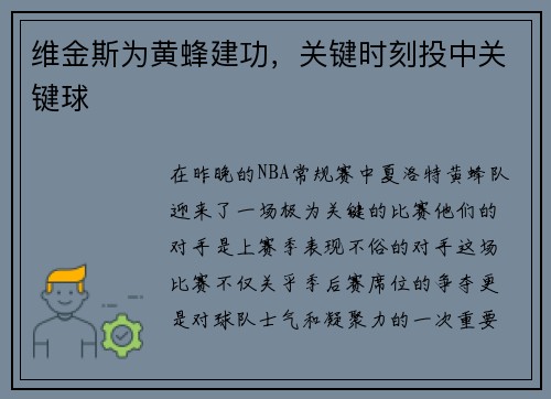 维金斯为黄蜂建功，关键时刻投中关键球
